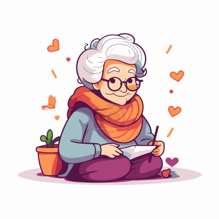 Ilustración de Ilustración vectorial de una anciana con una bufanda roja y gafas. - Imagen libre de derechos