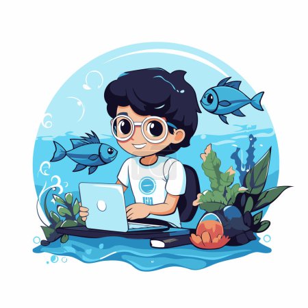Téléchargez les illustrations : Joli petit garçon avec ordinateur portable dans la mer. Illustration vectorielle. - en licence libre de droit