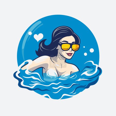 Téléchargez les illustrations : Illustration d'une femme nageant dans une piscine avec des lunettes de soleil en forme de coeur - en licence libre de droit