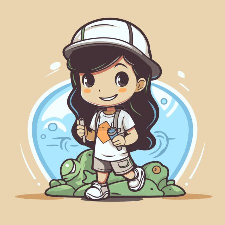 Illustration for Cute little girl with a fishing rod. Vector illustration in cartoon style. - Royalty Free Image