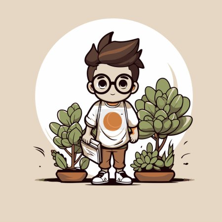 Illustration for Cute cartoon boy holding a book and standing in the garden. Vector illustration. - Royalty Free Image
