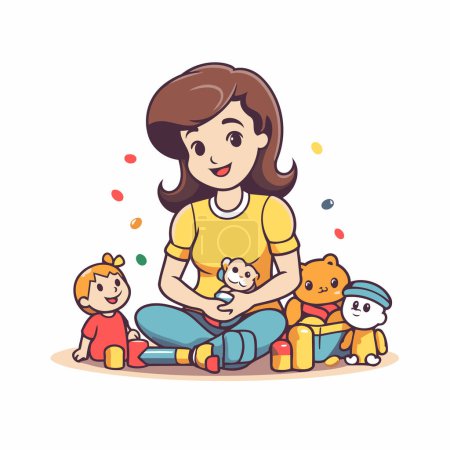 Téléchargez les illustrations : Mère et les enfants jouent avec des jouets. Illustration vectorielle dans le style dessin animé. - en licence libre de droit