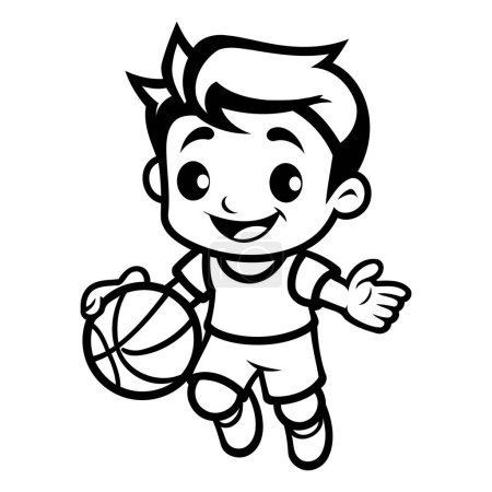 Téléchargez les illustrations : Mignon garçon de bande dessinée jouant au basket-ball Illustration vectorielle noir et blanc - en licence libre de droit