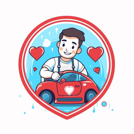 Téléchargez les illustrations : Illustration vectorielle d'un homme avec une voiture sur le fond des cœurs - en licence libre de droit