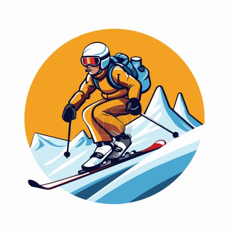 Téléchargez les illustrations : Skieur en casque et lunettes sur les skis. Illustration vectorielle. - en licence libre de droit