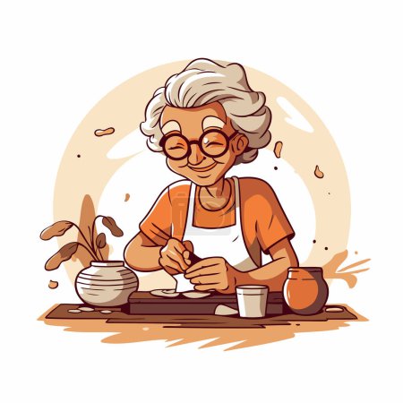 Téléchargez les illustrations : Femme âgée fabriquant des poteries en céramique. Illustration vectorielle dans le style dessin animé. - en licence libre de droit