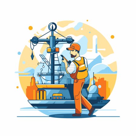Illustration for Fisherman and ship. Flat style vector illustration. Industrial background. - Royalty Free Image