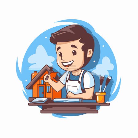 Illustration for Cute cartoon man with paintbrush and house. Vector illustration. - Royalty Free Image