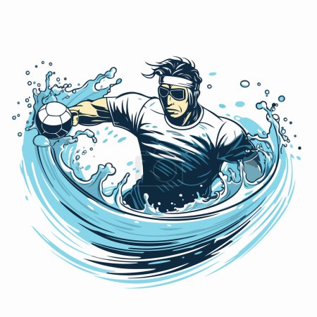 Illustration for Vector illustration of a man playing soccer on a surfboard in the water. - Royalty Free Image