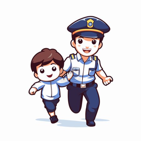 Téléchargez les illustrations : Un policier et un petit garçon qui courent ensemble. Illustration vectorielle de bande dessinée. - en licence libre de droit
