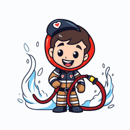 Illustration for Cute cartoon fireman holding a fire hose. Vector illustration. - Royalty Free Image