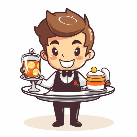 Illustration for Cute cartoon waiter holding a tray of pancakes. Vector illustration. - Royalty Free Image