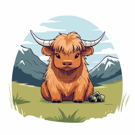 Téléchargez les illustrations : Yak dans la prairie. Illustration vectorielle d'un animal de ferme. - en licence libre de droit