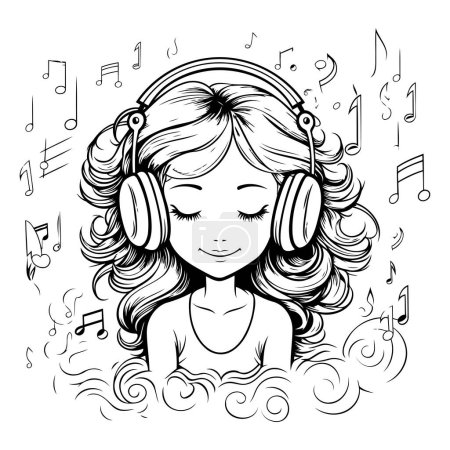 Ilustración de Chica escuchando música con auriculares. Ilustración vectorial en blanco y negro. - Imagen libre de derechos