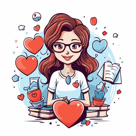 Illustration for Vector illustration of a girl in glasses sitting on books and holding a heart - Royalty Free Image