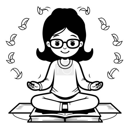 Ilustración de Chica con gafas meditando en la posición de loto en un libro - Imagen libre de derechos