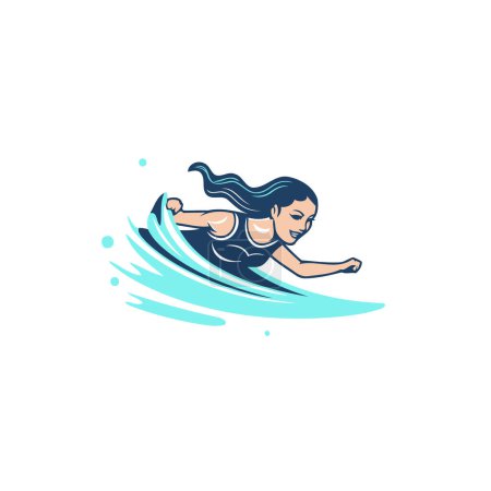 Illustration for Surfer girl on surfboard. Water extreme sport vector illustration. - Royalty Free Image
