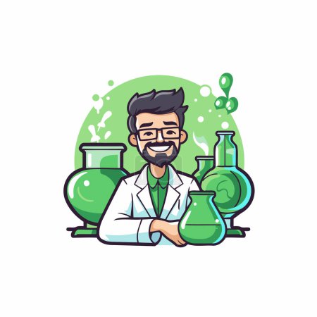 Ilustración de Científico con frascos químicos. Ilustración vectorial en estilo de dibujos animados. - Imagen libre de derechos