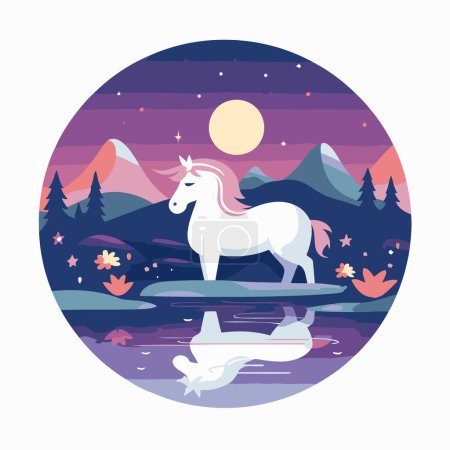 Ilustración de Unicornio en el lago en la noche. Ilustración vectorial. - Imagen libre de derechos