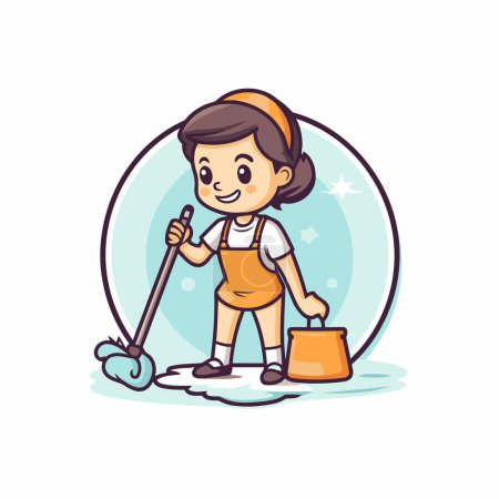 Illustration for Cleaning lady with mop and bucket. Vector illustration in cartoon style - Royalty Free Image