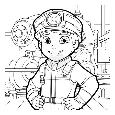 Ilustración de Ilustración de dibujos animados en blanco y negro del pequeño bombero o personaje de bombero para colorear libro - Imagen libre de derechos