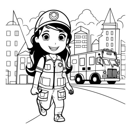 Téléchargez les illustrations : Conception de dessin animé de pompier fille. Secours d'urgence sauver département danger aider la sécurité et l'aide thème Illustration vectorielle - en licence libre de droit