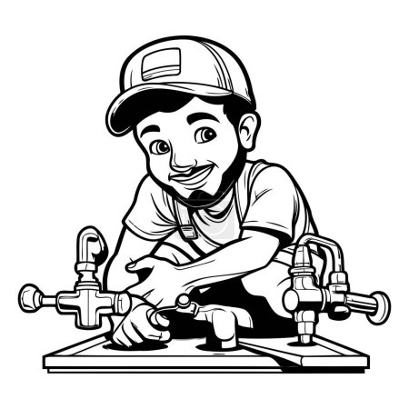 Téléchargez les illustrations : Robinet d'eau de fixation de plombier de plombier Illustration de bande dessinée noir et blanc - en licence libre de droit