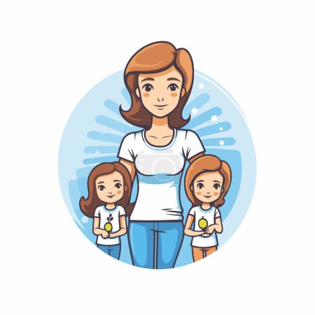 Téléchargez les illustrations : Mère avec ses filles. Illustration vectorielle en style dessin animé sur fond blanc. - en licence libre de droit