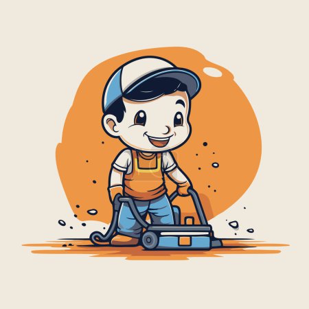 Téléchargez les illustrations : Dessin animé garçon jouer avec un scooter jouet. Illustration vectorielle. - en licence libre de droit