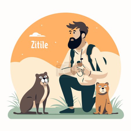 Téléchargez les illustrations : Illustration vectorielle d'un homme avec un chien dans le parc. Style plat. - en licence libre de droit
