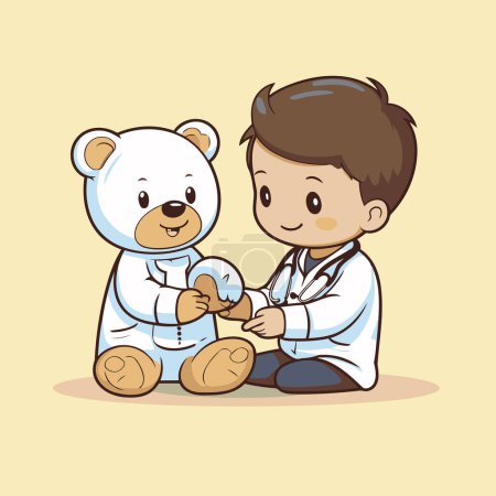 Téléchargez les illustrations : Joli petit garçon jouant au docteur avec un ours en peluche. Illustration vectorielle. - en licence libre de droit