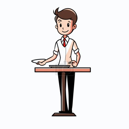 Illustration for Waiter with tray. Vector illustration in cartoon style on white background. - Royalty Free Image