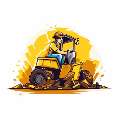 Téléchargez les illustrations : Fermier avec tracteur sur le chantier. Illustration vectorielle dans le style dessin animé. - en licence libre de droit