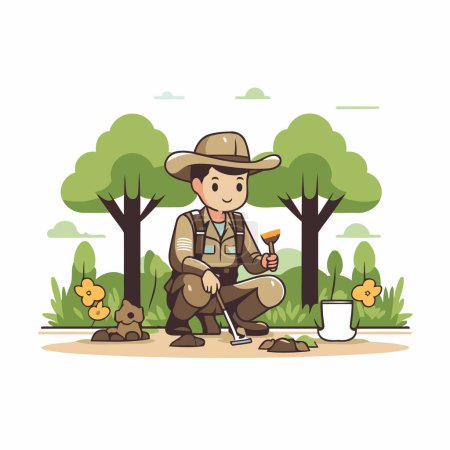 Illustration for Vector illustration of a man in a hat and overalls on a picnic in the park. - Royalty Free Image