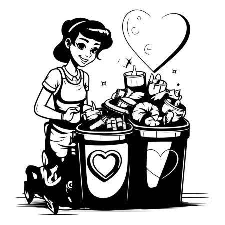 Ilustración de Mujer con un cubo lleno de comida. Ilustración vectorial en blanco y negro. - Imagen libre de derechos
