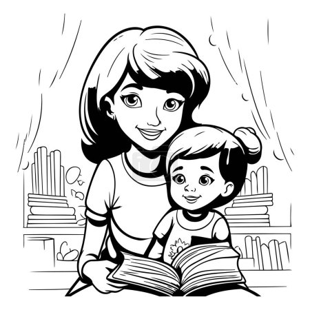 Illustration for Mother and daughter reading a book. Black and white vector illustration. - Royalty Free Image