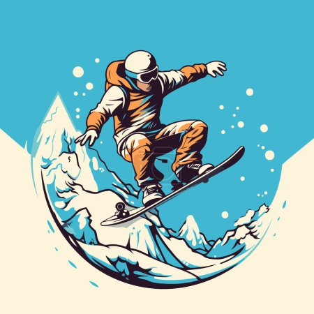 Téléchargez les illustrations : Snowboarder sautant dans les montagnes. sport extrême. illustration vectorielle. - en licence libre de droit