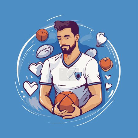 Illustration for Vector illustration of a basketball player in a white shirt on a blue background with hearts. - Royalty Free Image