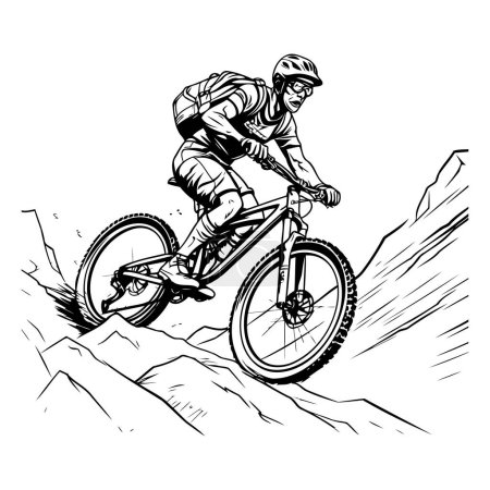 Illustration for Mountain biker on the rocks. Monochrome vector illustration - Royalty Free Image