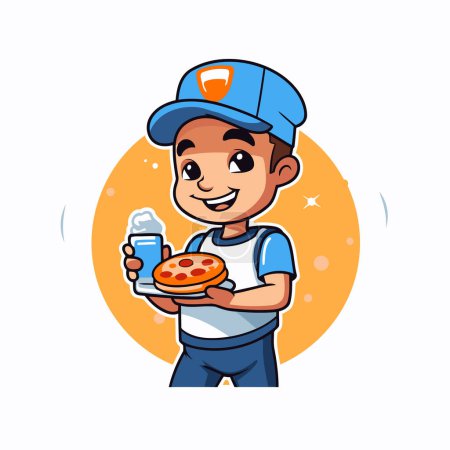 Téléchargez les illustrations : Livreur de bande dessinée garçon tenant pizza et bouteille de lait. Illustration vectorielle. - en licence libre de droit