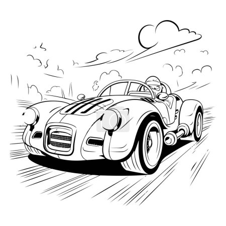 Illustration for Vintage car on the road. Black and white vector illustration. - Royalty Free Image