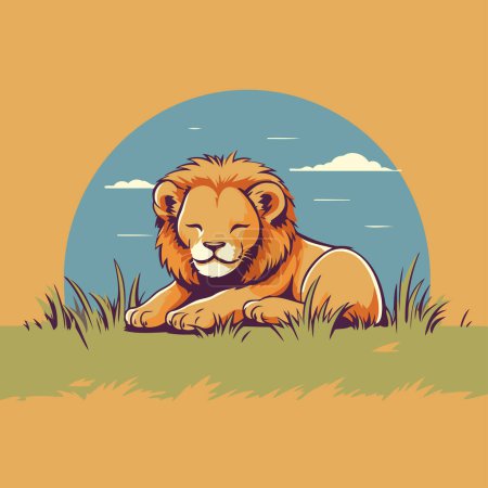 Téléchargez les illustrations : Lion couché sur l'herbe. Illustration vectorielle en style plat. - en licence libre de droit