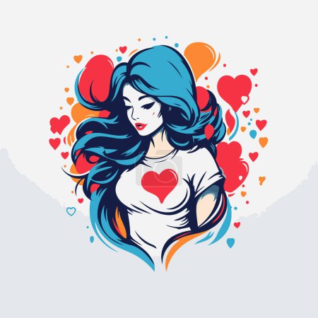 Illustration for Beautiful woman with long hair and hearts around her. Vector illustration. - Royalty Free Image