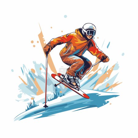 Ilustración de Ilustración vectorial de un esquiador en un casco y gafas esquiando cuesta abajo. - Imagen libre de derechos