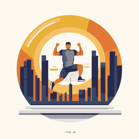 Illustration for Vector illustration of a man running on a treadmill in the city. - Royalty Free Image