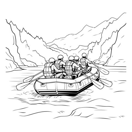 Illustration for Group of people rafting on a mountain river. Hand drawn vector illustration. - Royalty Free Image