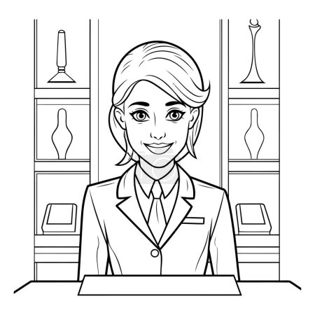 Téléchargez les illustrations : Femme d'affaires dans le bureau. Femme d'affaires en costume. Illustration vectorielle noir et blanc. - en licence libre de droit