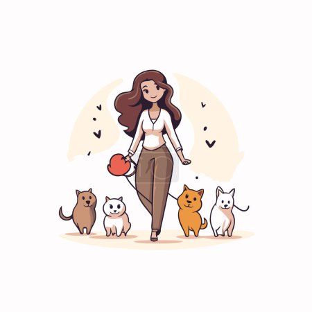 Illustration for Beautiful woman walking with her pets. Vector illustration in cartoon style. - Royalty Free Image