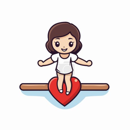Téléchargez les illustrations : Petite fille mignonne assise sur une balançoire en bois et tenant un cœur - en licence libre de droit