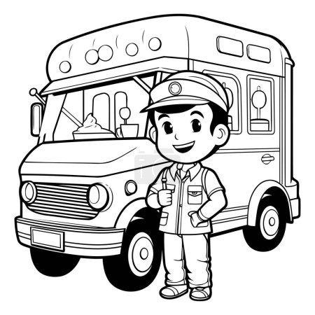 Téléchargez les illustrations : Dessin animé noir et blanc illustrant un conducteur d'autobus scolaire ou un personnage de garçon enfant - en licence libre de droit